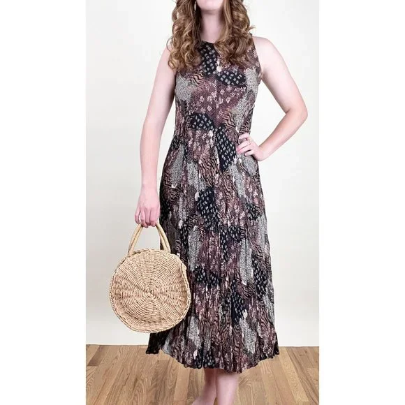 Vintage Patchwork Pleated Crinkle Midi Maxi Dress Quilt Animal Print Boho Hippie - Picture 5 of 5